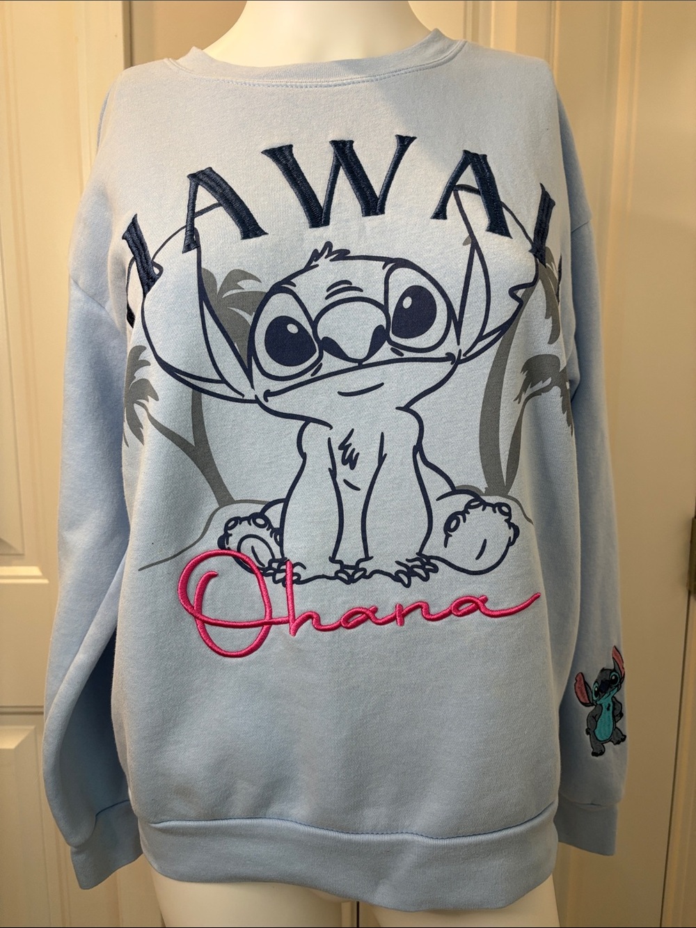Disney Light Blue Stitch 'Ohana' Crewneck Sweater with Pink Script Size Medium